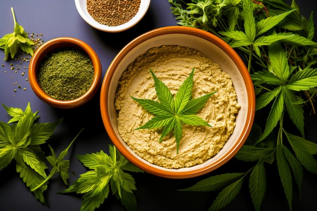 Zdjęcie koncepcja prawidłowego i zdrowego odżywiania mielona marihuana w postaci przyprawy w glinianym kubku