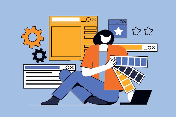 Zdjęcie koncepcja projektowania stron internetowych ze sceną ludzi w płaskiej konstrukcji projektantka tworząca stronę internetową responsywny układ programowania interfejsu użytkownika ilustracja wektorowa dla materiałów marketingowych banerów społecznościowych