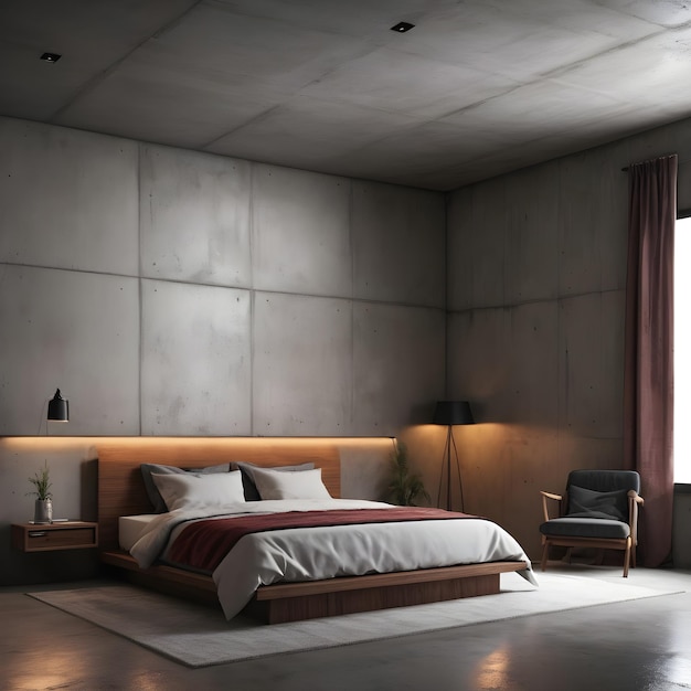 Koncepcja projektowania wnętrza sypialni i tekstura betonowej ściany