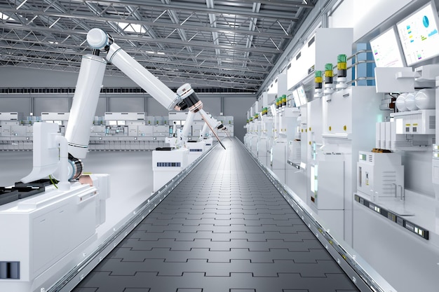 Koncepcja przemysłu automatyki z linią montażową robotów renderujących 3D i pustym taśmą przenośniczą w fabryce