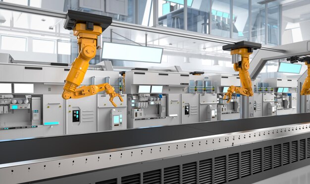 Koncepcja przemysłu automatyzacyjnego z linią montażową robotów w fabryce