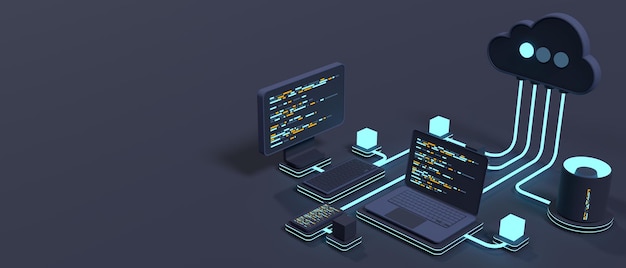 Koncepcja przetwarzania w chmurze Technologia chmurowa nowoczesna Koncepcja izometryczna centrum danych Technologia chmury 3D z centrum danych Koncepcja hostingu internetowego Rendering 3D