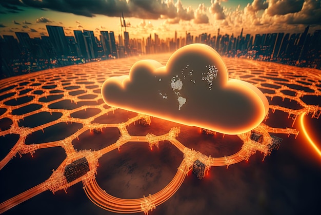 Zdjęcie koncepcja przetwarzania w chmurze z cyfrową chmurą zdalnych połączeń danych użytkowników internetu przechowywanie danych w nowoczesnej sieci wygenerowana sztuczna inteligencja