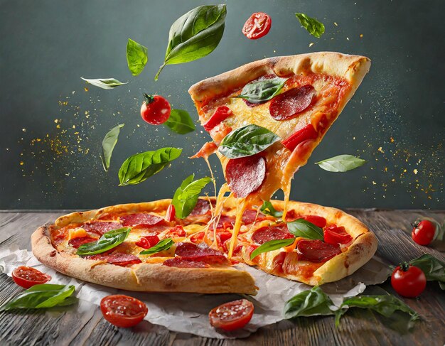 koncepcja pyszny smaczny kawałek pepperoni pizza latający dla restauracji pizzeria