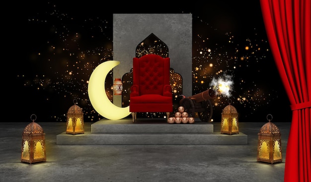 Koncepcja Ramadanu Canon Ramadan kareem z półksiężycem z krzesłem xAKing Throne renderowania 3d