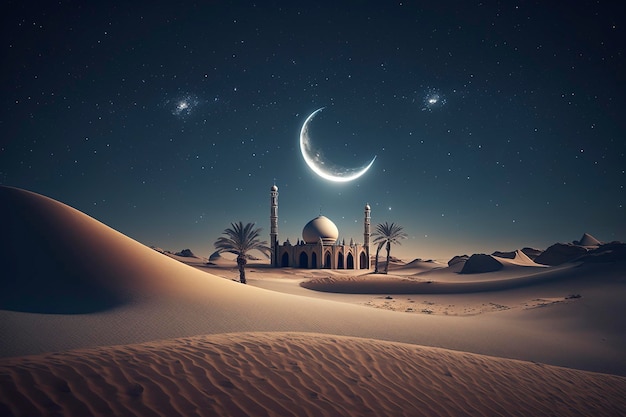 Koncepcja Ramadanu, meczetu, który świeci w nocy Obraz generowany przez technologię AI