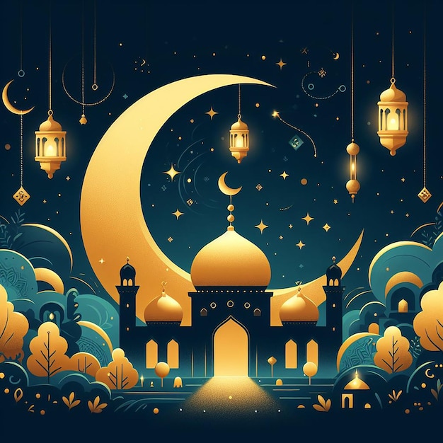 Koncepcja Ramadanu płaska konstrukcja z złotym księżycem