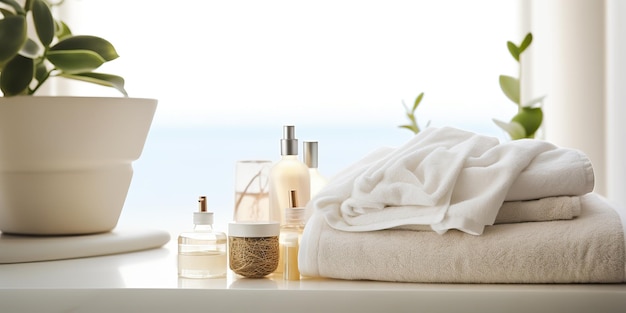 Koncepcja relaksującego piękna spa wygenerowana przez AI Generative Aroma z białymi czystymi ręcznikami i kosmetykami