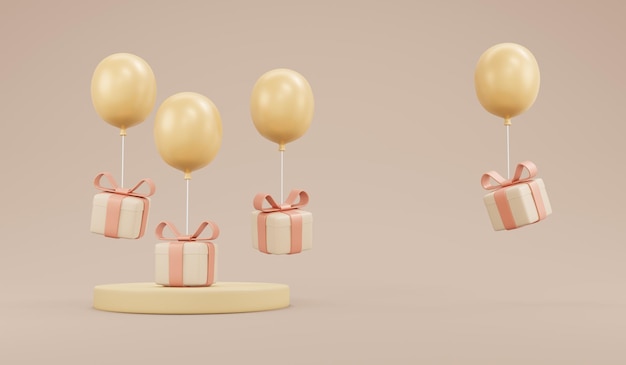 Koncepcja renderowania 3D balonu i prezentu w luksusowym beżowym kolorze motywu z wyświetlaczem podium dla reklamy na tle dla projektu komercyjnego Prezent i balon 3D render ilustracja kreskówka