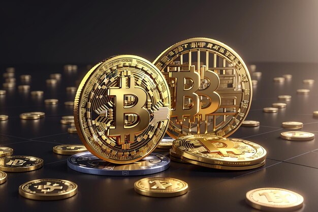 Koncepcja renderowania 3D kryptowaluty z monetą bitcoin i monetą dolara w walucie fiducjarnej