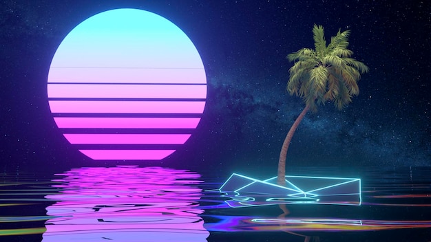 Koncepcja retro Okładka Album39s Palma na neonowym tle zachodu słońca Powierzchnia wody Niebieski kolor różowy ilustracja 3d