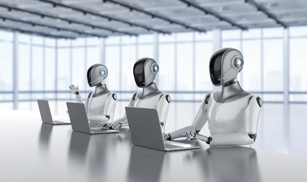 Koncepcja robotnika automatycznego z robotem asystentem sztucznej inteligencji pracującym w inteligentnym biurze