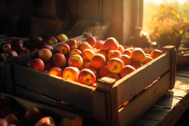 Koncepcja rolnictwa i zbierania świeżych jabłek w drewnianych pudełkach ogród rolniczy z jabłkami Ai generowany