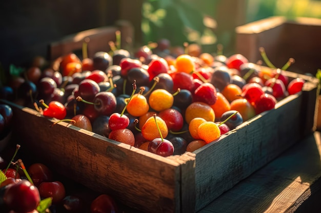 Koncepcja rolnictwa i zbierania świeżych owoców w drewnianych pudełkach