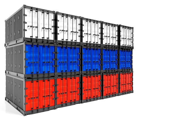 Koncepcja rosyjskiego eksportu importu kontenerów i krajowych dostaw towarów Kontener transportowy z flagą narodową Rosji widok z przodu