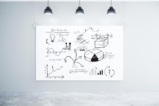 Zdjęcie koncepcja rozwiązań biznesowych na białym dużym plakacie w pustym pokoju z lampami i betonową podłogą