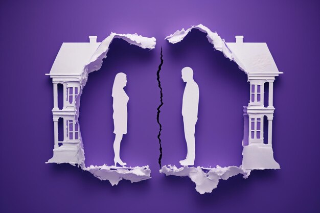 Koncepcja rozwodu z sylwetkami i rozerwanym papierowym domem