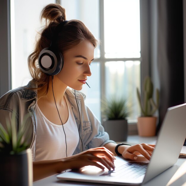 Zdjęcie koncepcja rozwoju programu młoda kobieta słuchająca muzyki podczas pracy z laptopem