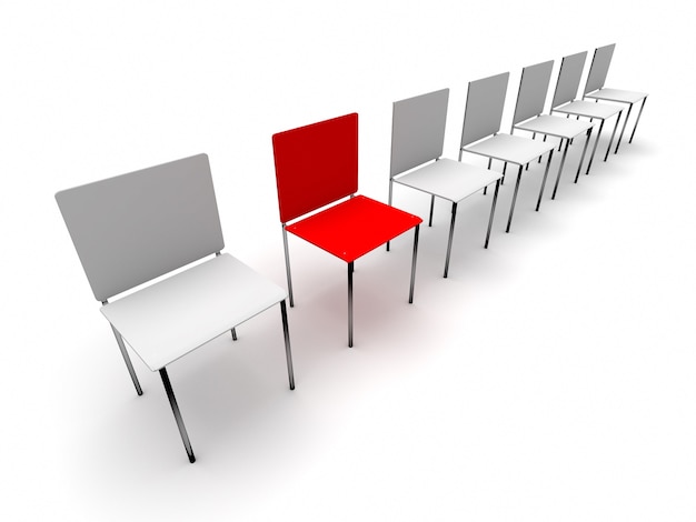 Koncepcja rząd krzeseł. Jedno indywidualne i niepowtarzalne czerwone krzesło w pobliżu białych. Renderowanie 3d