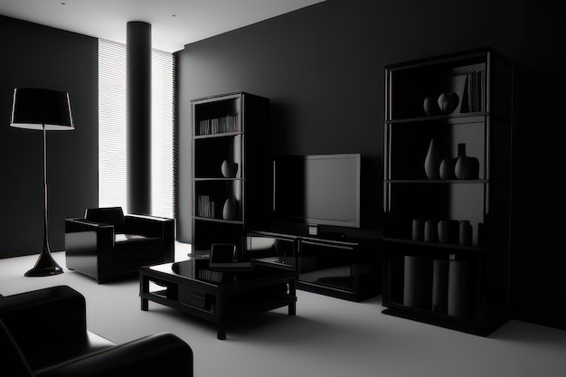 koncepcja salonu w kolorze czarnym z meblami podkreślonymi w czerni i bieli