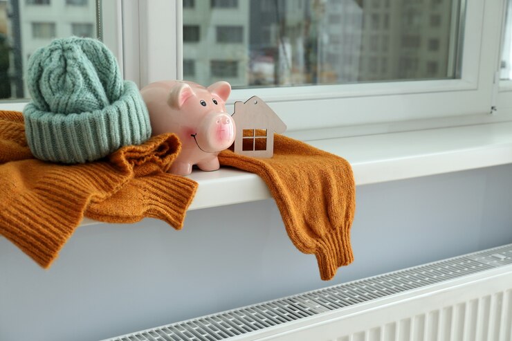 Zdjęcie koncepcja sezonu grzewczego z ubraniami na parapecie.