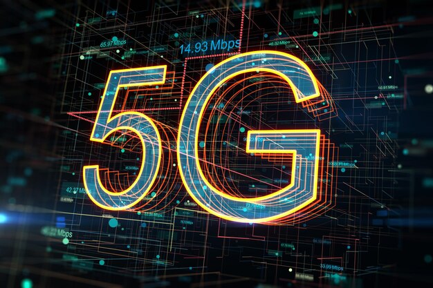 Koncepcja sieci 5G szybki mobilny internet i sieci nowej generacji z cyfrowymi świecącymi symbolami i wskaźnikami prędkości na abstrakcyjnym tle technologicznym Renderowanie 3D