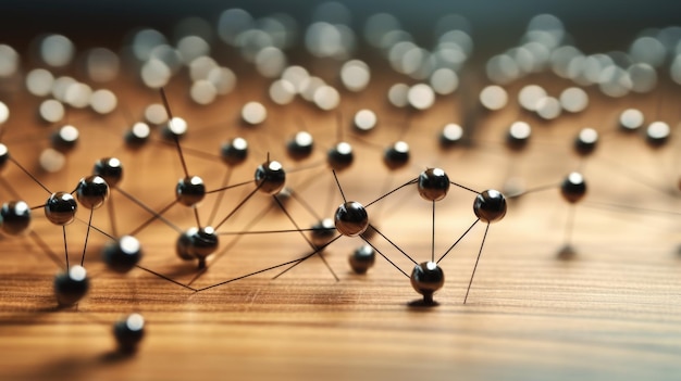 Zdjęcie koncepcja sieci: szpilki na stole połączone wątkami tworzą połączenia generatywne ai aig32