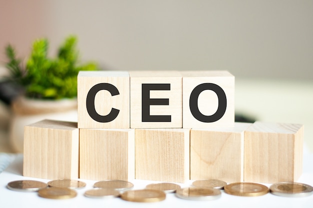Koncepcja słowo CEO na drewnianych klockach na pięknym od zielonego kwiatu