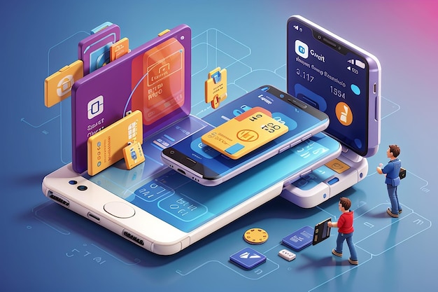 Koncepcja smartfona z ochroną transakcji finansowych kartami kredytowymi 3D isometryczny projekt