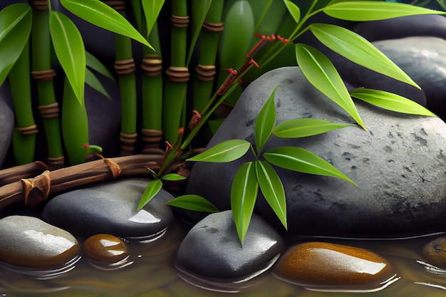 Koncepcja Spa okrągłe kamienie zen bambusa i wody Generative AI