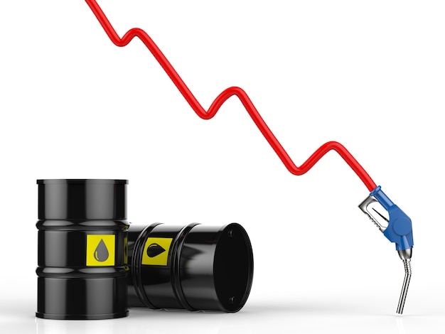 Koncepcja spadku ceny ropy naftowej z czerwonym wykresem renderowania 3d, niebieską dyszą i czarnymi beczkami