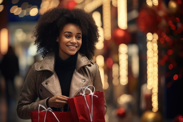 Koncepcja sprzedaży świątecznej Afrykańsko-amerykańska młoda kobieta z prezentem świątecznym w dużym centrum handlowym Patrzy na kamerę i uśmiecha się