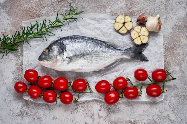 Koncepcja śródziemnomorskich owoców morza. Surowa ryba dorado z czosnkiem, pomidorami i rozmarynem na stole. Świeża organiczna dorada lub dorada. Widok z góry, miejsce na kopię