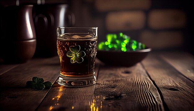 Koncepcja St Patrick's Day Obraz drewnianego stołu przed abstrakcyjnym niewyraźnym tłem paska