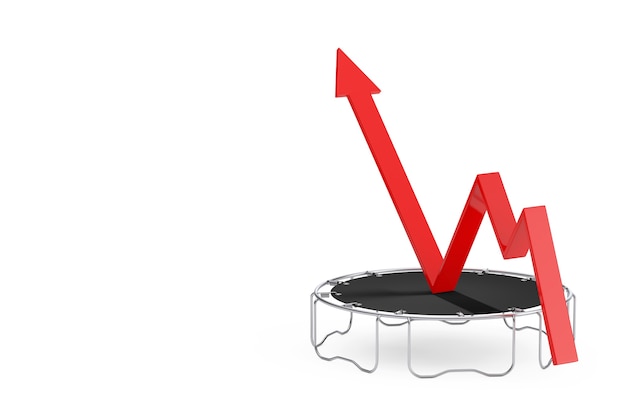 Koncepcja Sukcesu. Business Growth Red Arrow Get Boost Dzięki Skokom Na Trampolinie Na Białym Tle. Renderowanie 3d