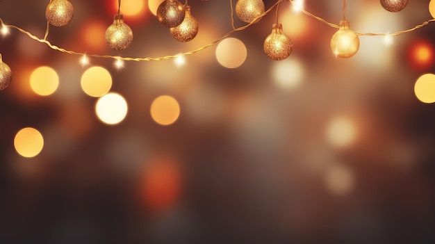 Koncepcja świąteczna oświetlenia i dekoracji Bożonarodzeniowa girlanda bokeh ze złotymi światłami na złotym tle