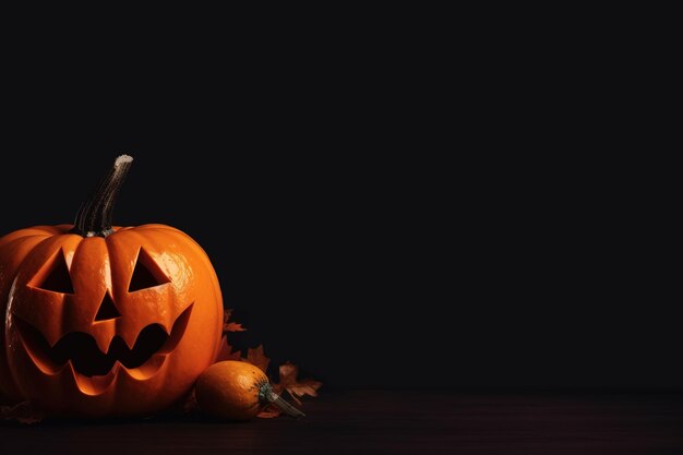 Koncepcja świątecznych świąt halloween dyni z twarzą halloween na ciemnym tle z przestrzenią kopiowania Generatywna sztuczna inteligencja