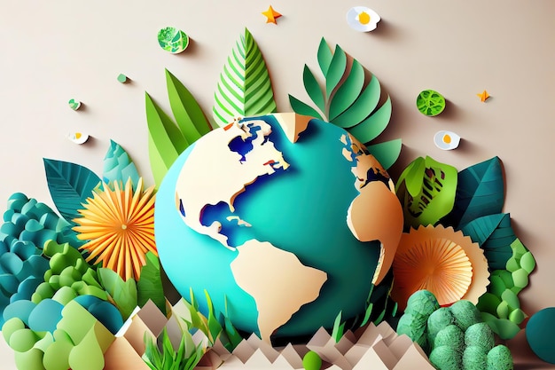 Koncepcja światowego środowiska i dnia ziemi z papierową sztuką globu i przyjaznego dla środowiska środowiska