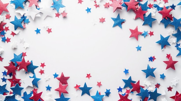 Koncepcja święta publicznego w Stanach Zjednoczonych Zdjęcie z wysokim kątem widzenia pustej przestrzeni otoczonej czerwonymi, białymi i niebieskimi konfetti w kształcie gwiazdy na białym izolowanym tle z copyspace