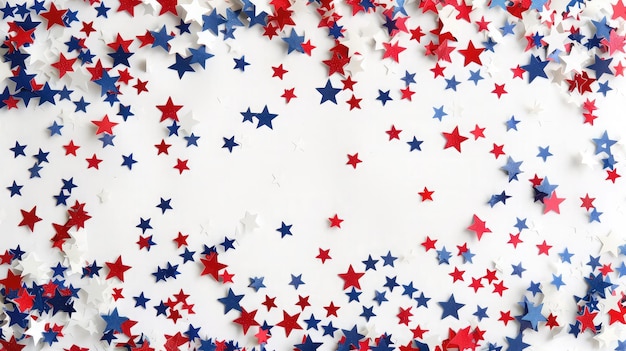 Koncepcja święta publicznego w Stanach Zjednoczonych Zdjęcie z wysokim kątem widzenia pustej przestrzeni otoczonej czerwonymi, białymi i niebieskimi konfetti w kształcie gwiazdy na białym izolowanym tle z copyspace