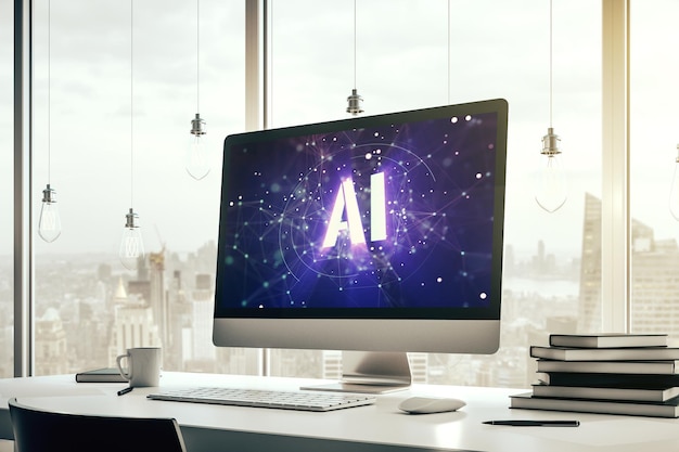 Koncepcja symbolu sztucznej inteligencji na nowoczesnym ekranie laptopa 3D Rendering
