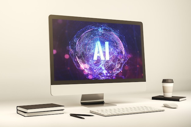 Koncepcja symbolu sztucznej inteligencji na nowoczesnym monitorze komputerowym 3D Rendering