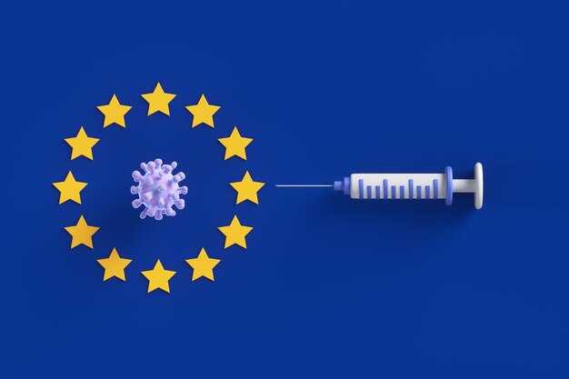 Koncepcja szczepień przeciwko koronawirusowi Covid-19 na tle błękitnej flagi Unii Europejskiej. ilustracja renderowania 3D. Koronawirus i strzykawka na tle flagi UE.