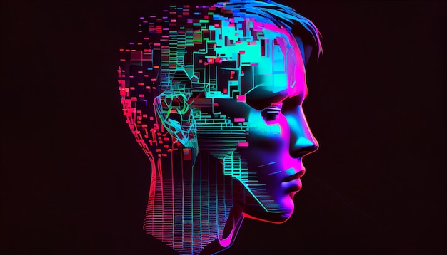Koncepcja sztucznej inteligencji i rzeczywistości wirtualnej Ludzka głowa 3D wykonana z pikseli w neonowych holograficznych żywych kolorach na ciemnym tle Ilustracja w stylu Vaporwave i Synthwave Generacyjna sztuczna inteligencja