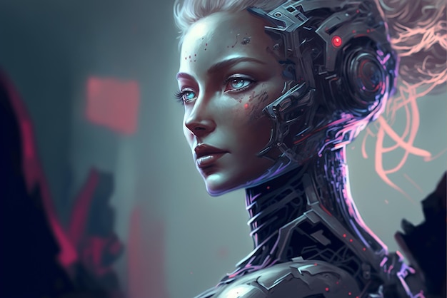 Koncepcja sztucznej inteligencji lub sztucznej inteligencji futurystyczna fikcyjna młoda kobieta android generatywna sztuczna inteligencja