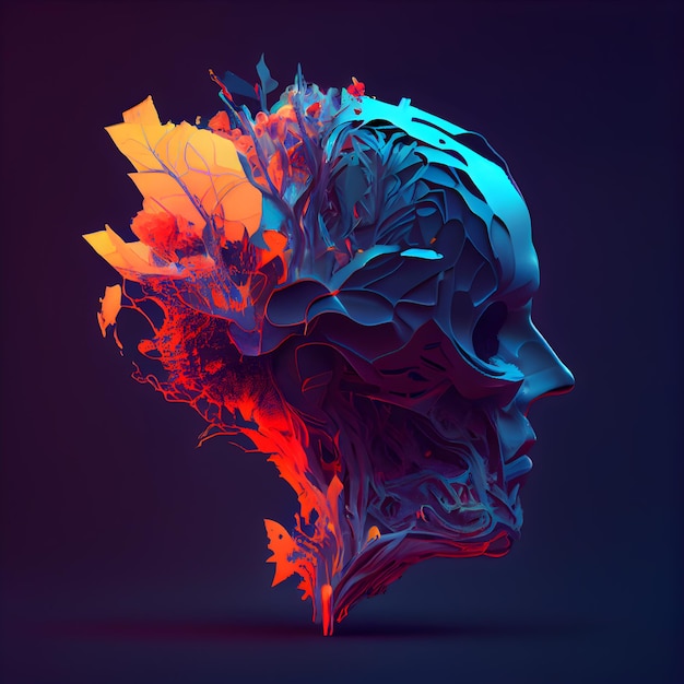 Koncepcja sztucznej inteligencji Ludzka głowa wykonana z kolorowych świecących elementów ilustracji