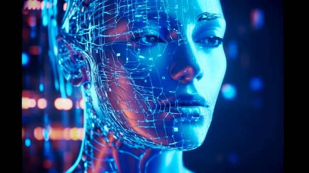 Koncepcja sztucznej inteligencji Ludzka twarz w kolorach niebieskim Generative AI