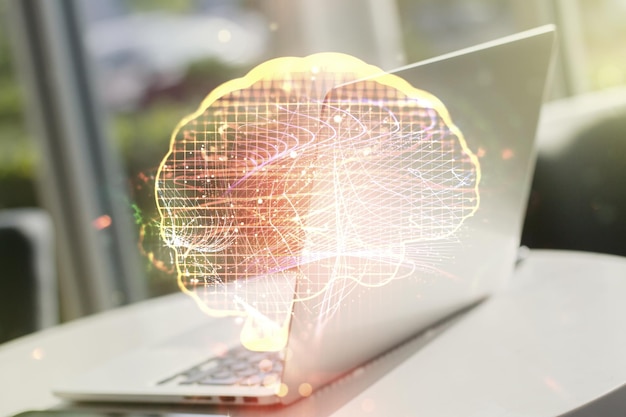 Zdjęcie koncepcja sztucznej inteligencji z szkicem ludzkiego mózgu na nowoczesnym tle komputerowym podwójna ekspozycja