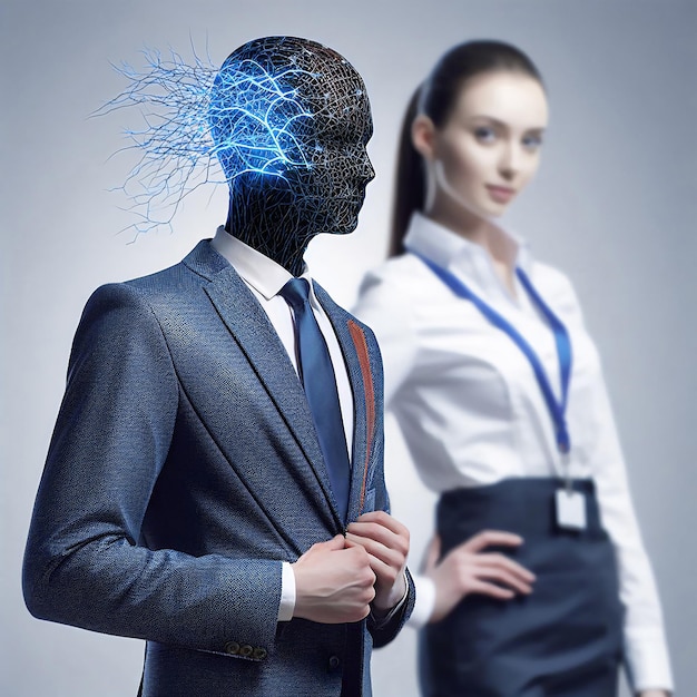 Koncepcja sztucznej inteligencji zastępującej ludzkie role w różnych pracach i zawodach