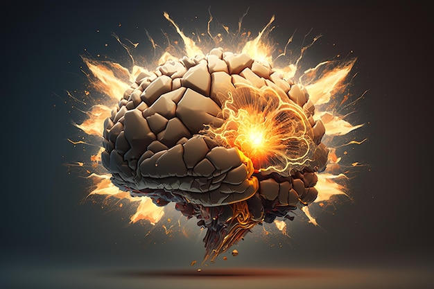 Zdjęcie koncepcja sztuki ludzkiego mózgu wybuchającego wiedzą i kreatywnością siła wybuchu rozrzuciła złote płatki generative aixa